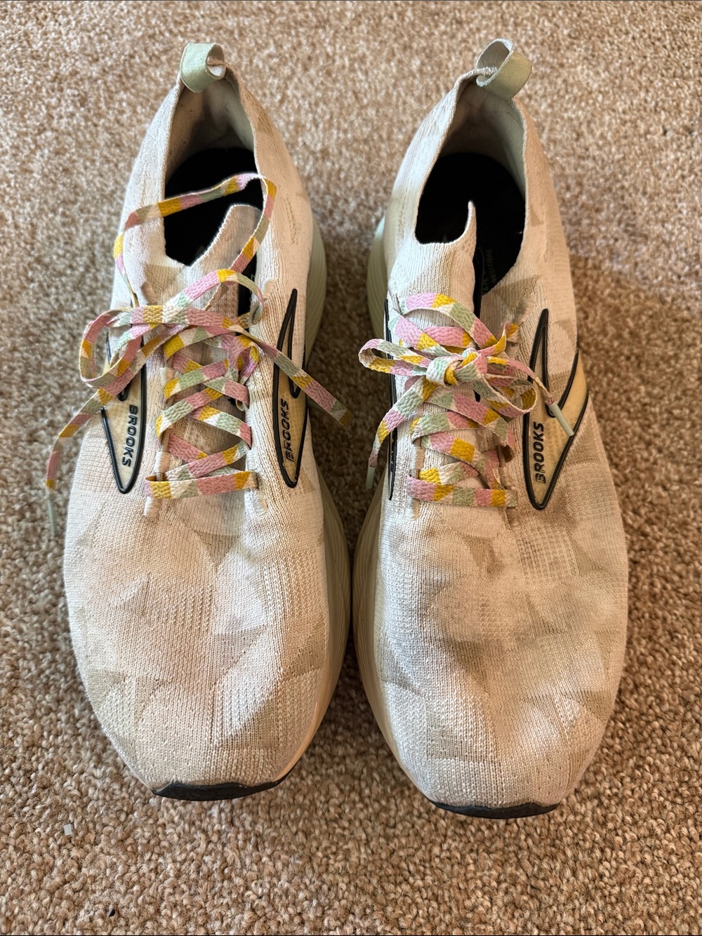 Brooks Beige Knit Sneakers with Pink & Yellow Laces